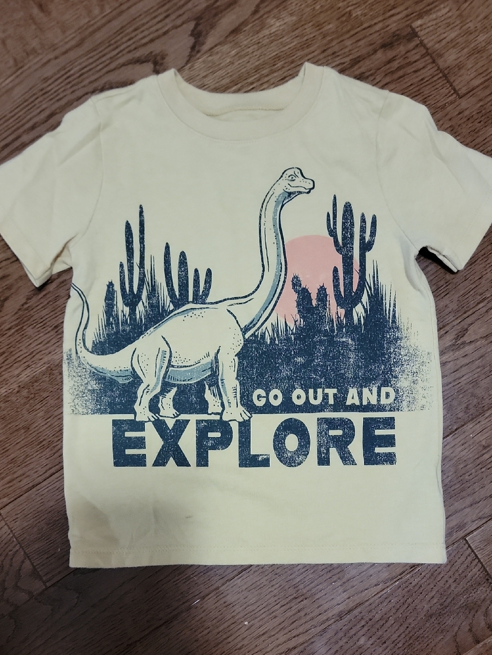 Yellow Tee with Navy Dino & Pink Sun Graphic